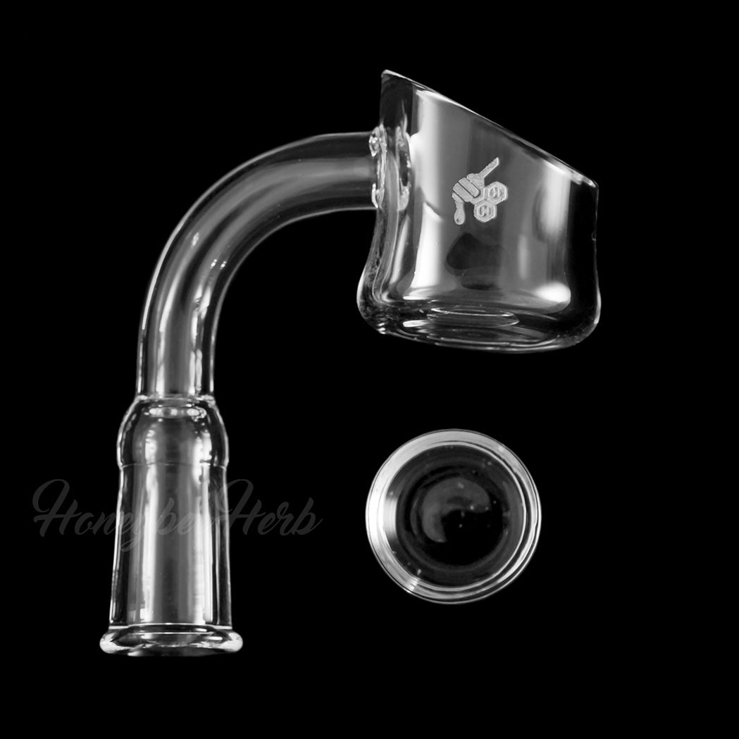 Honeybee Herb Honey Cup Quartz Banger at 90Β° angle, clear, for dab rigs, 25mm, with logo