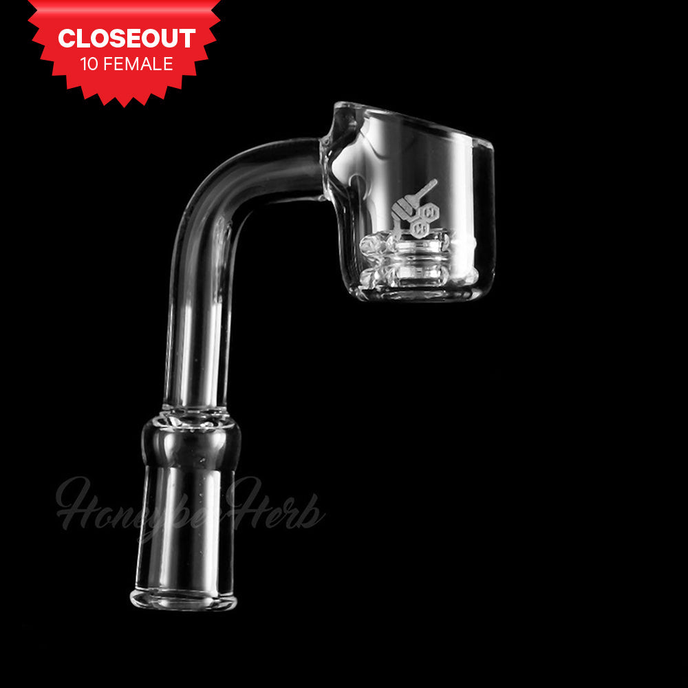 Honeycomb Knot Quartz Banger 90Β° Degree by Honeybee Herb, 10mm Female Joint, Clear, Side View