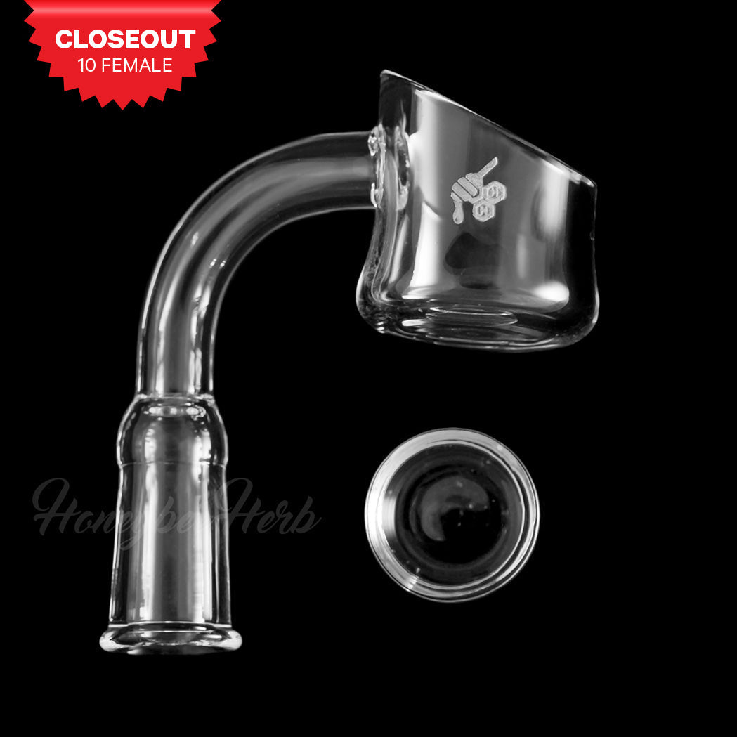 Honey Cup Quartz Banger 90Β° Degree by Honeybee Herb, 10mm Female Joint, Clear, Side View