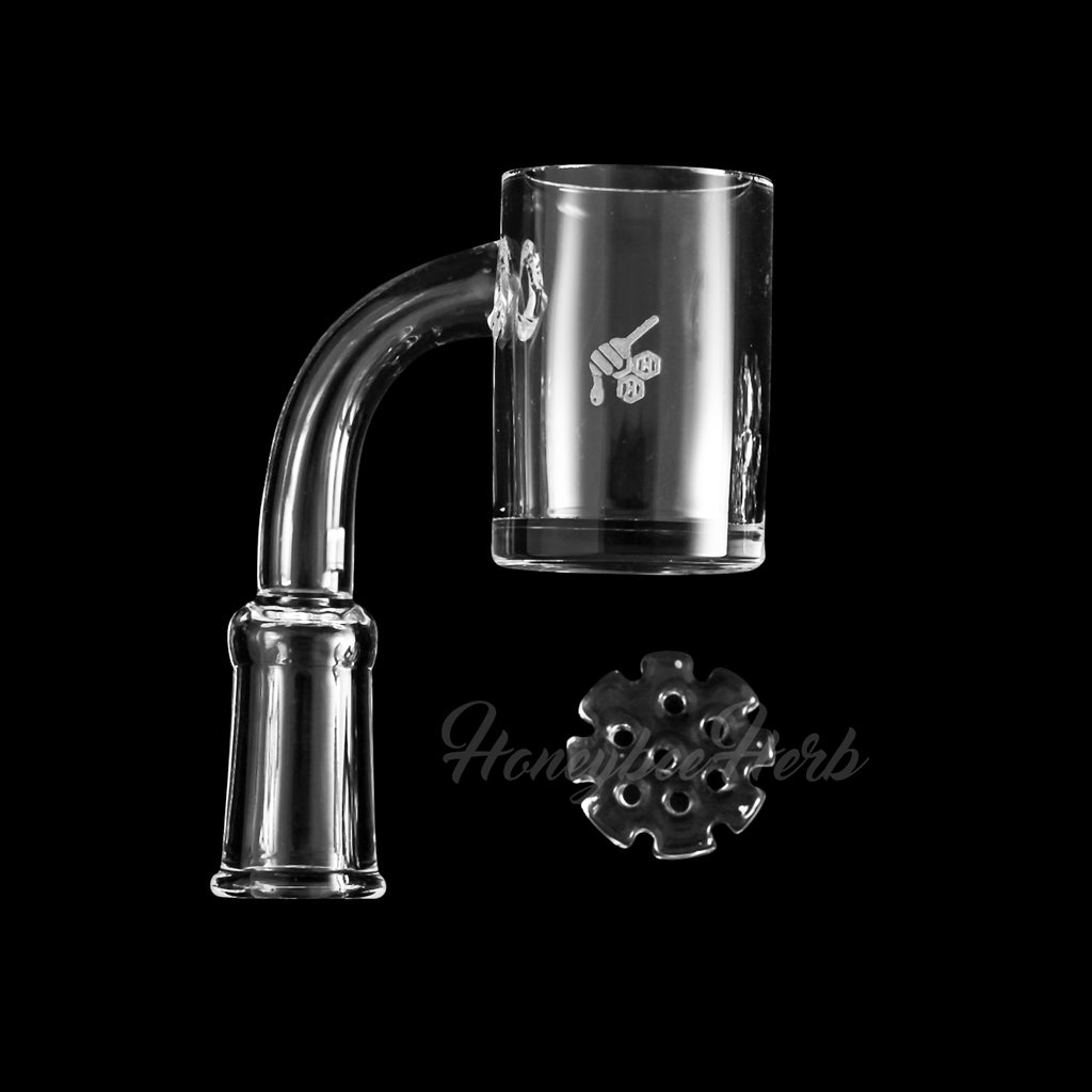 Honeybee Herb Honey Disc Quartz Banger at 90Β° angle, clear, for dab rigs, side view on black background