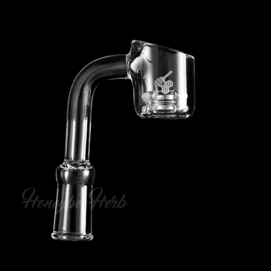 Honeycomb Knot Quartz Banger 90Β° Degree by Honeybee Herb, clear quartz, side view on black background