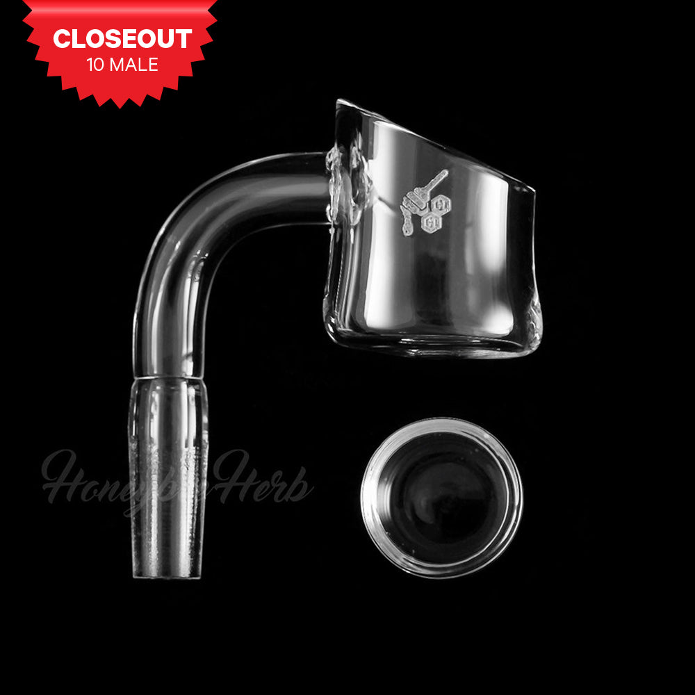 Honeybee Herb Honey Cup Quartz Banger 90Β° male joint, clear, side view on black background
