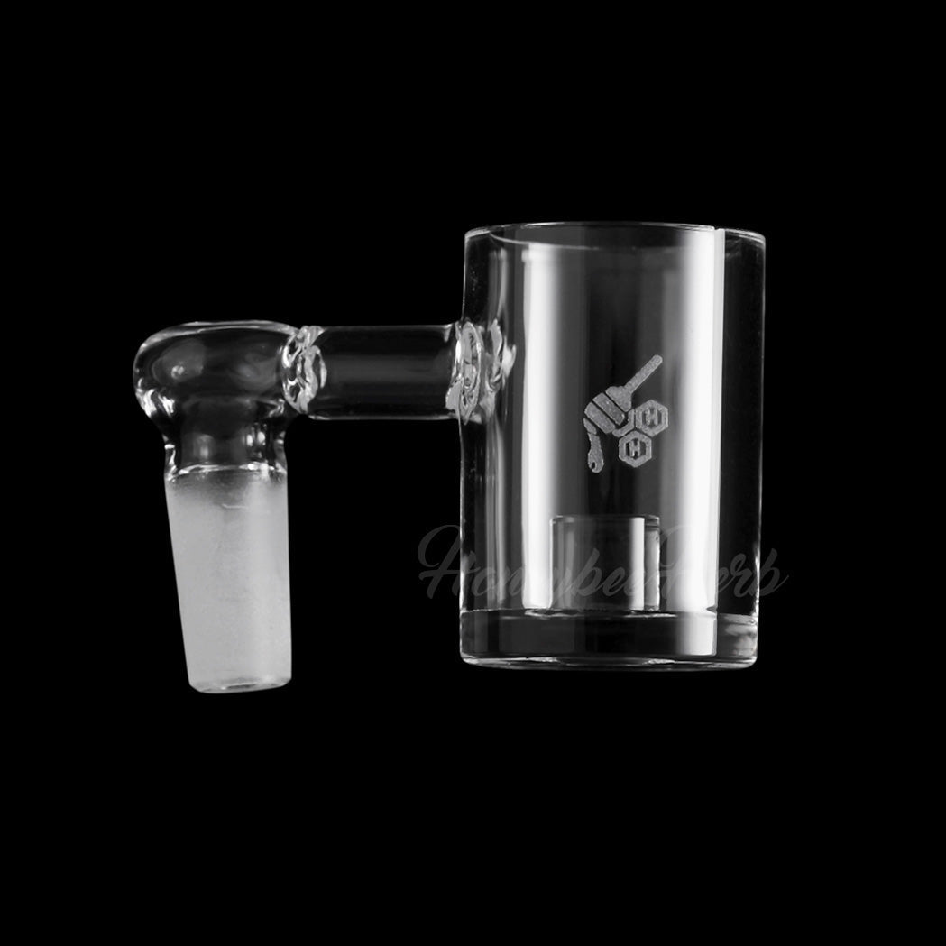 Honeybee Herb CORE REACTOR SIDECAR QUARTZ BANGER at 90° angle, clear, 10mm male joint, front view on black background