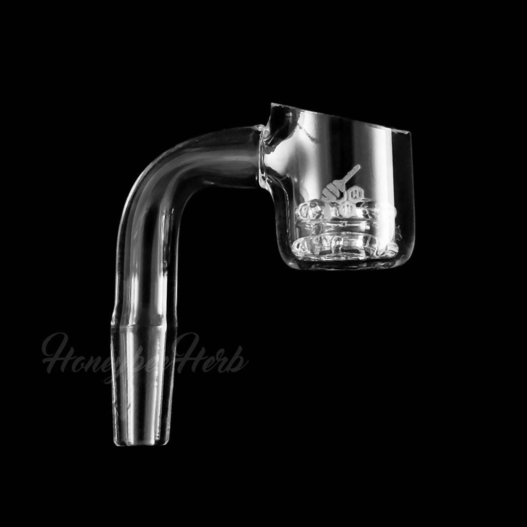 Honeycomb Knot Quartz Banger 90Β° by Honeybee Herb, clear quartz, side view on black background