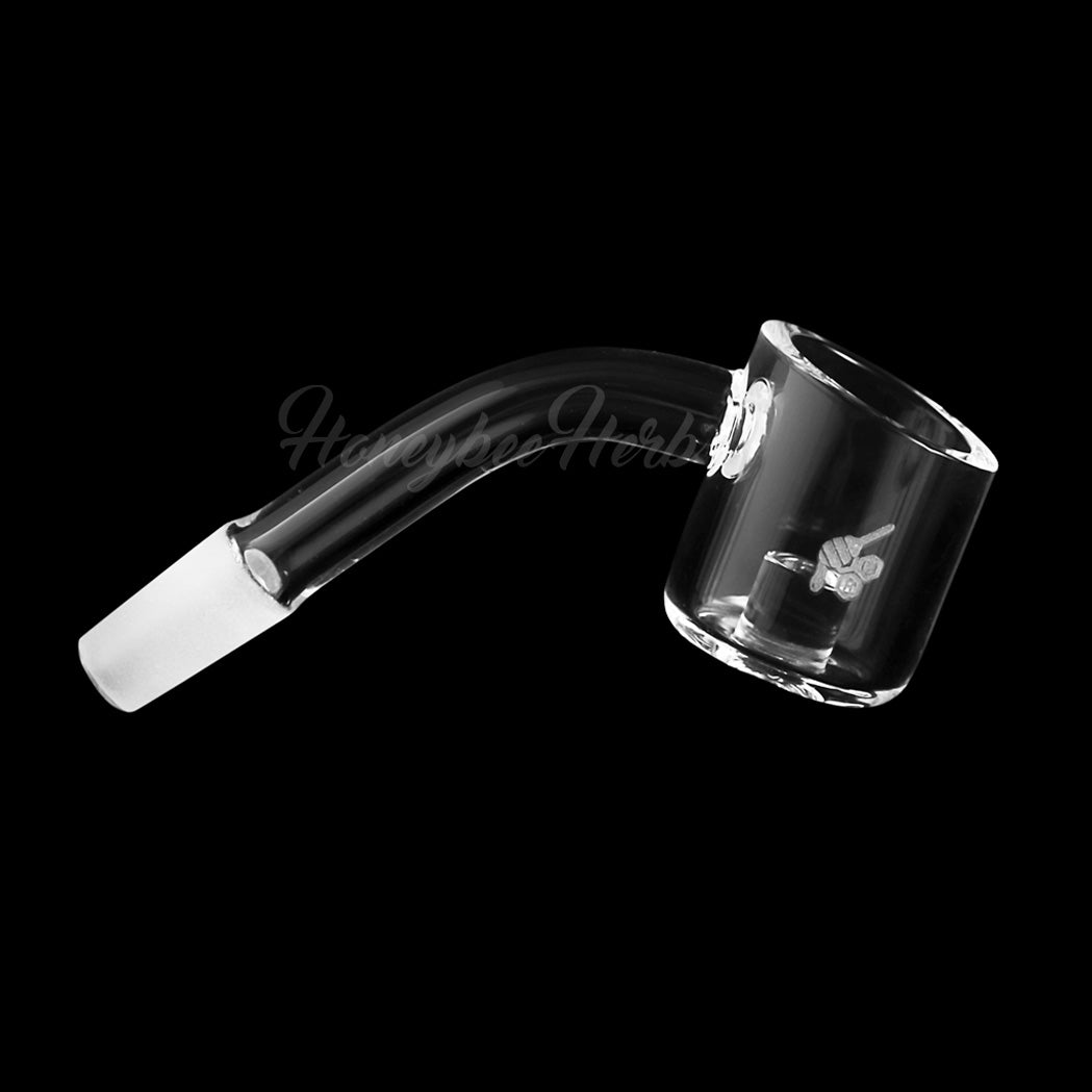 Honeybee Herb Core Reactor Quartz Banger at 45° angle for dab rigs, clear design with logo