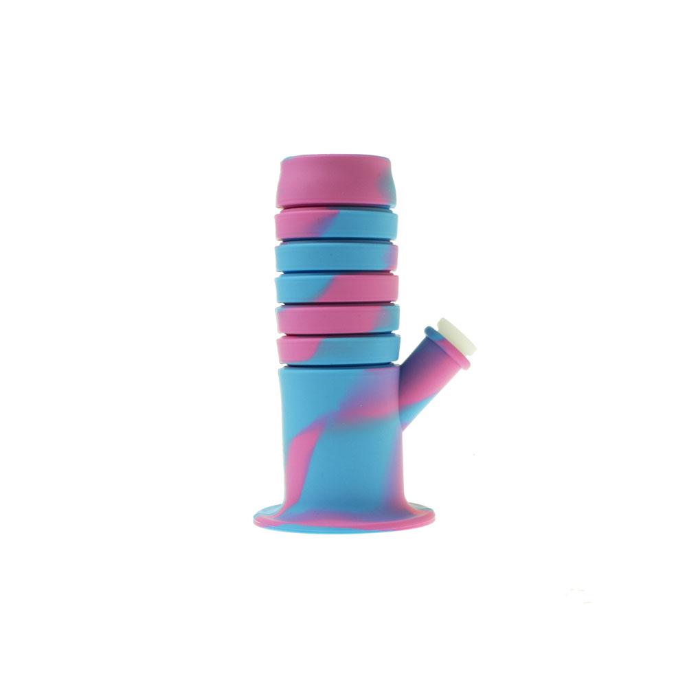 RGR Canada 11.5" flexible silicone straight water pipe in blue and pink, with glass bowl, front view