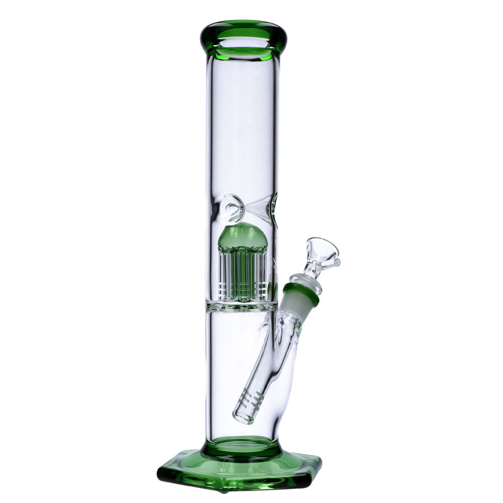 12" Heavy Wall Beaker Bong with Green Tree Percolator, 45 Degree Joint, Front View