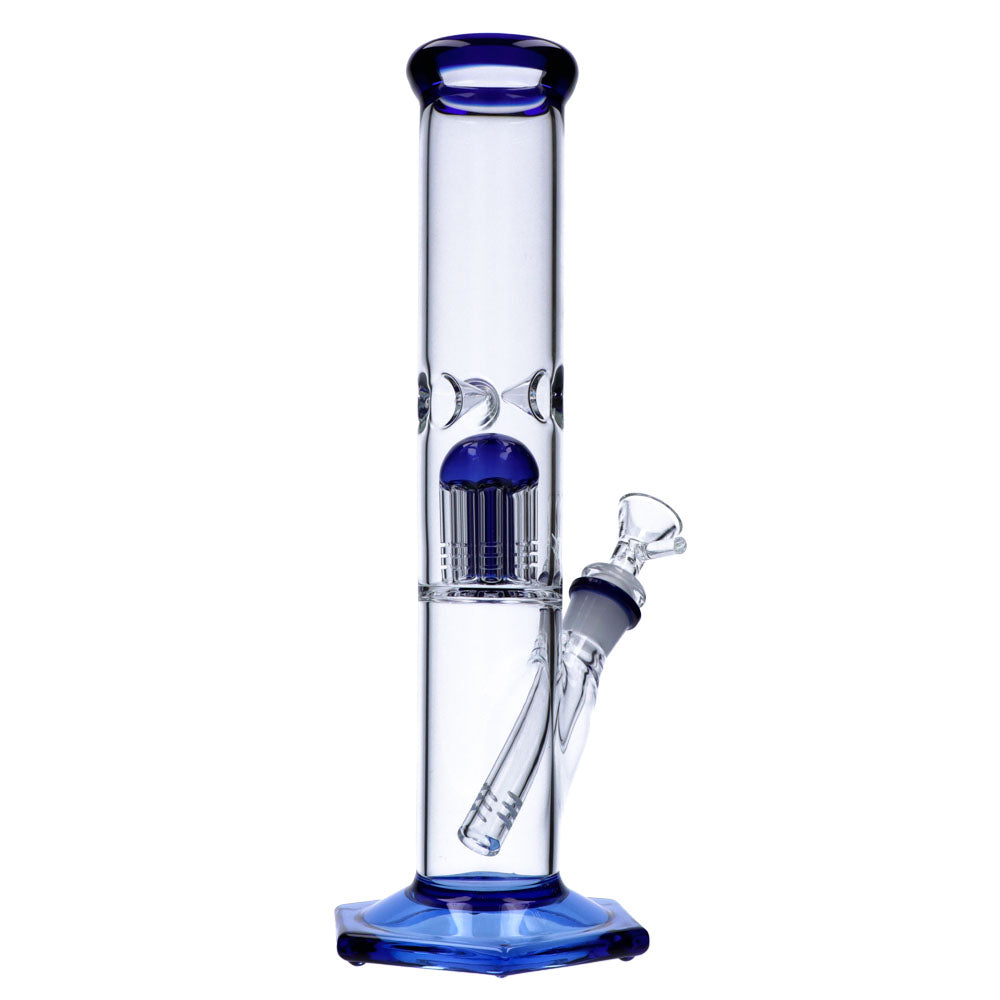 12" Valiant Distribution Quad Base Beaker Bong with Blue Tree Percolator, Front View