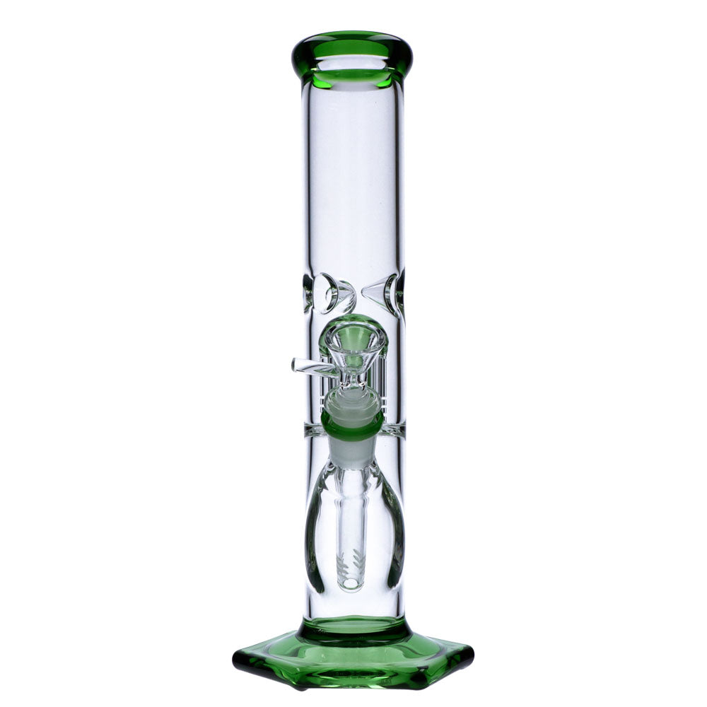 12" Valiant Distribution Beaker Water Pipe with green Tree Percolator, front view on white background
