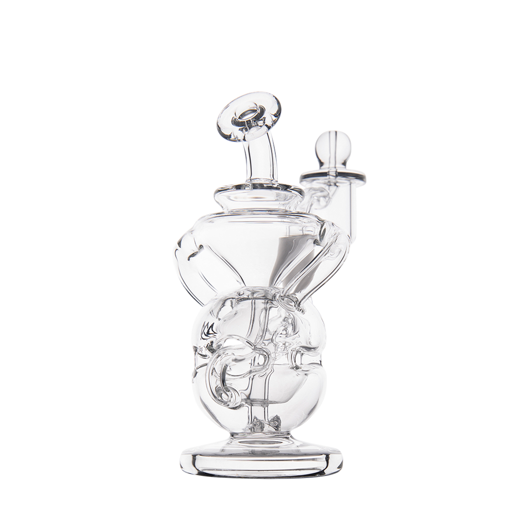 MJ Arsenal Infinity Mini Dab Rig, clear borosilicate glass, 90-degree banger hanger, front view