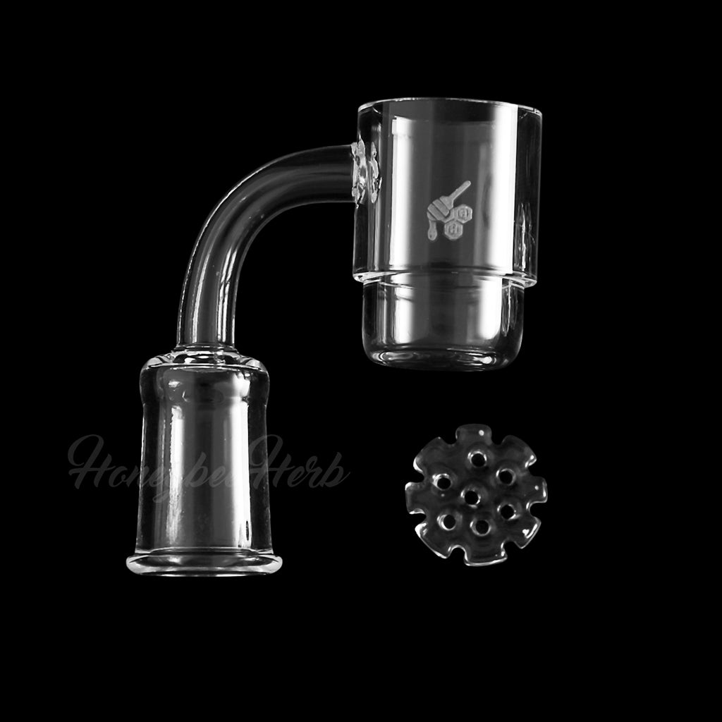Honeybee Herb Honey Disc Deep Dish Quartz Banger at 90° angle for dab rigs, clear design on black background