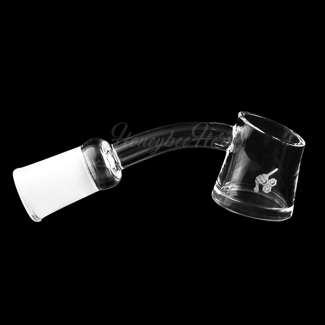 HoneybeeHerb Fat Bottom Quartz Banger at 45Β° angle, clear with etched logo, ideal for dab rigs