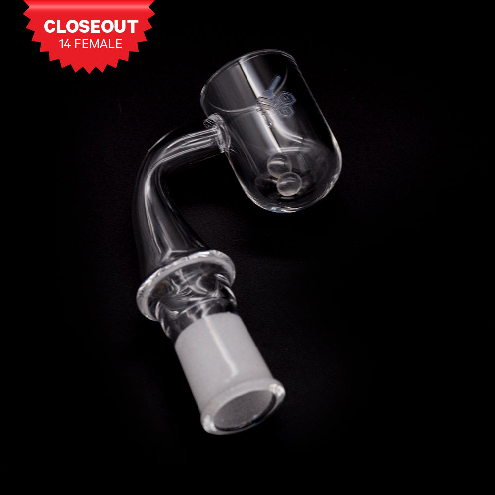 Honey Cyclone Quartz Banger at 90Β° angle, 14mm female joint, clear, for dab rigs, side view on black