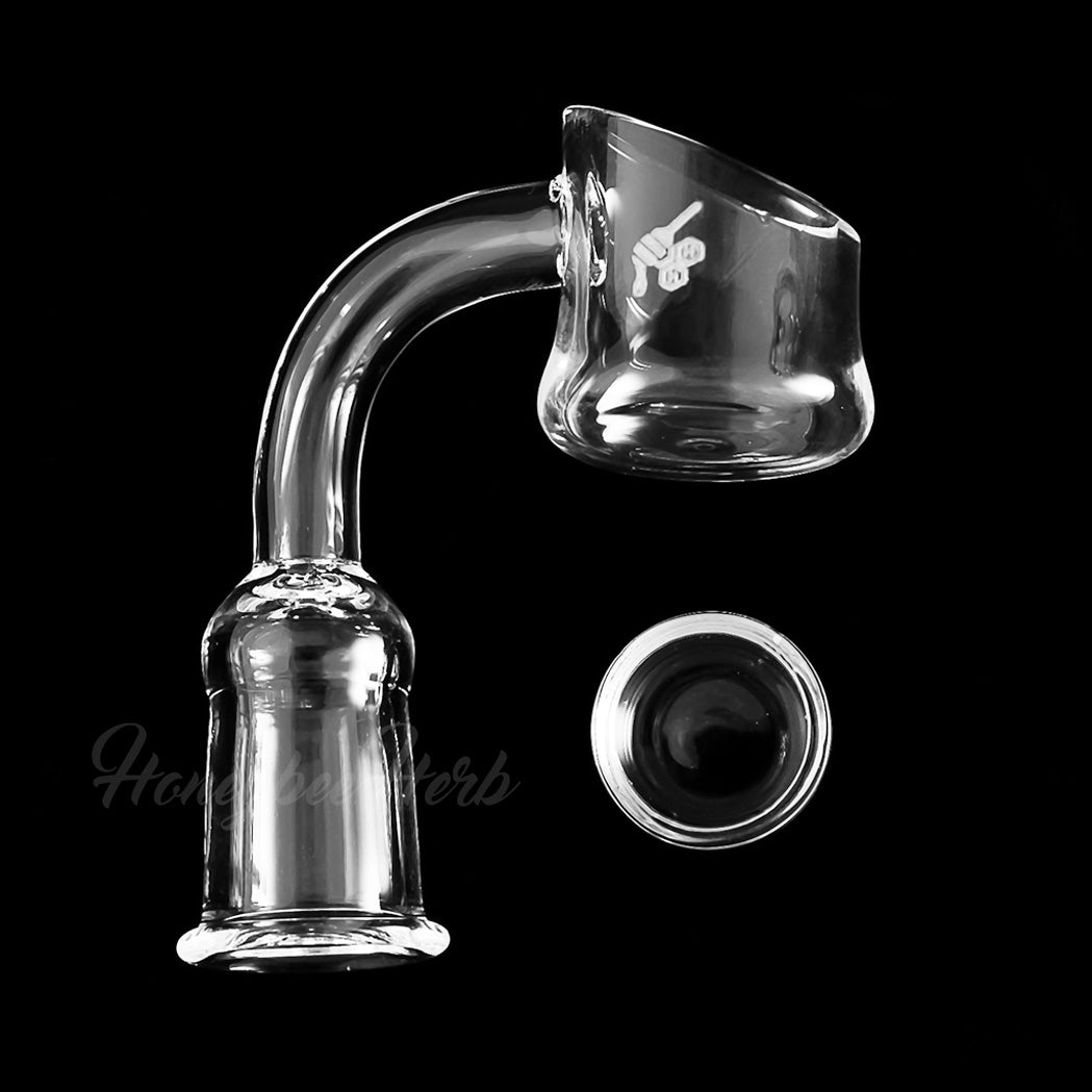 Honeybee Herb Honey Cup Quartz Banger at 90Β° angle, clear, for dab rigs, side view on black background