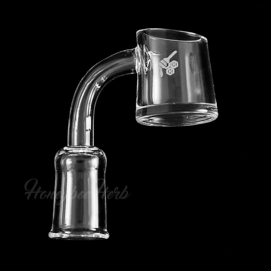 Honeybee Herb Fat Bottom Quartz Banger at 90Β° angle, clear, for dab rigs, side view on black background