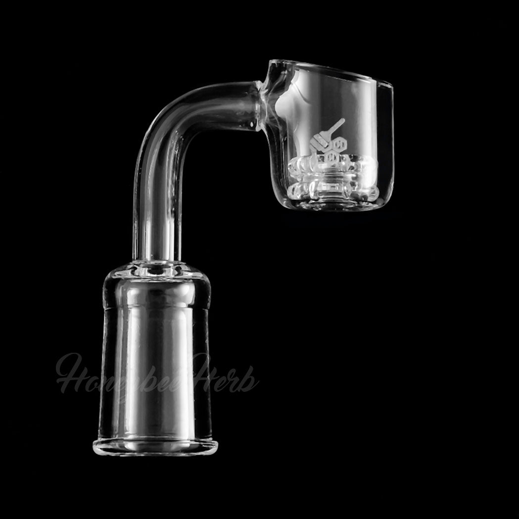 Honeycomb Knot Quartz Banger 90Β° Degree by Honeybee Herb, Clear, Side View for Dab Rigs