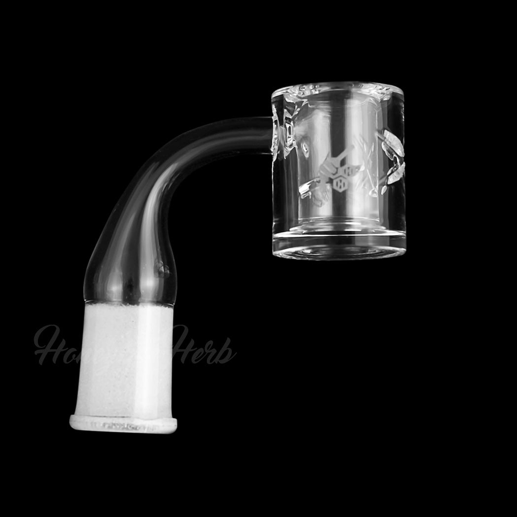 Honeybee Herb Honey Chamber Quartz Banger at 90Β° angle, clear, for dab rigs, side view