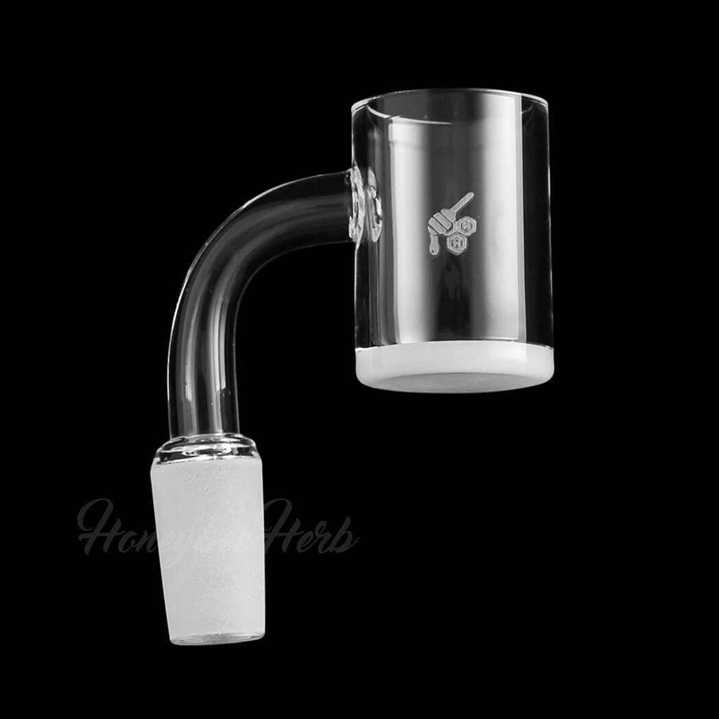 Honeybee Herb Honey & Milk Quartz Banger at 90Β° angle, 14mm male joint, clear view on black