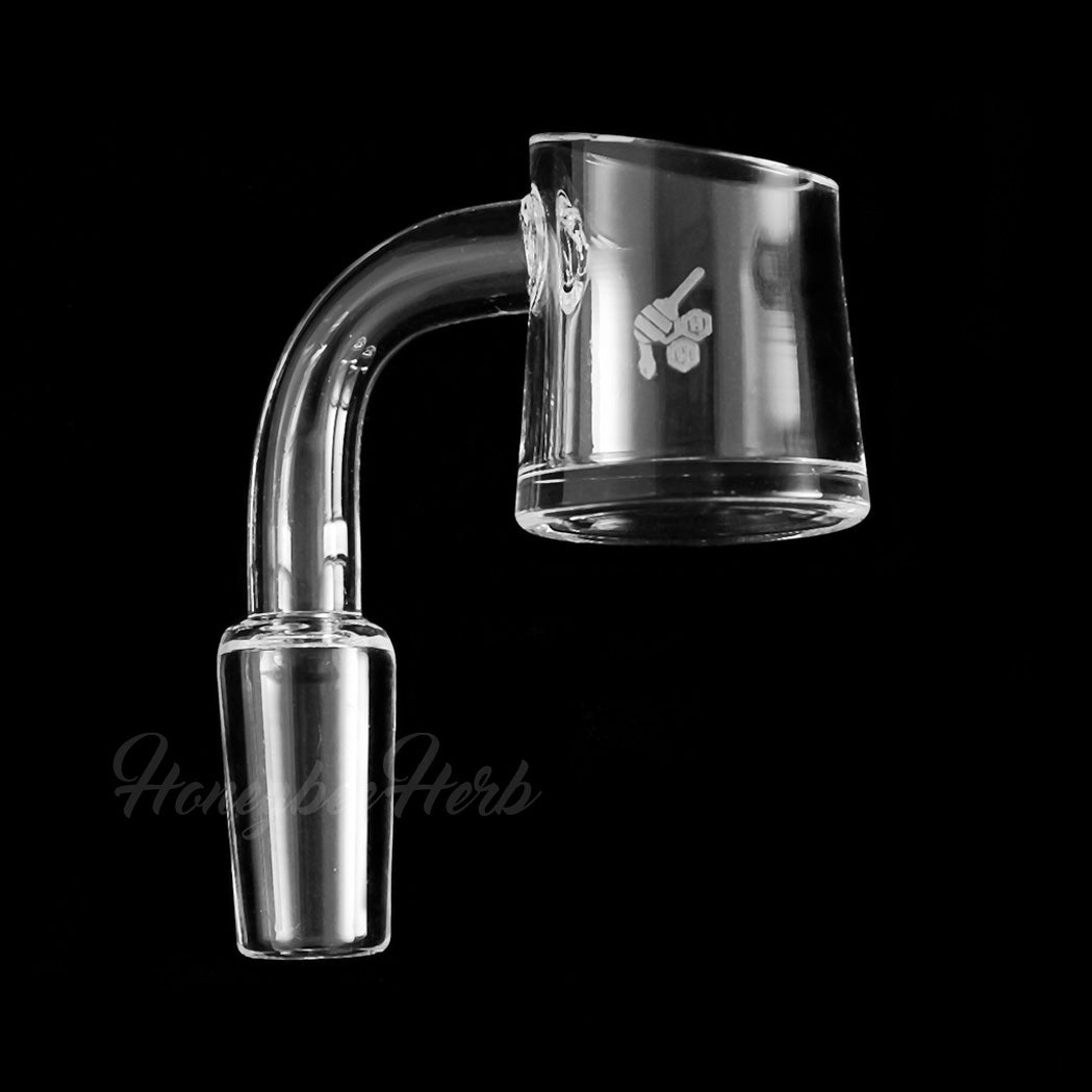 Honeybee Herb FAT BOTTOM QUARTZ BANGER, 90Β° degree, 14mm Male joint, clear quartz side view