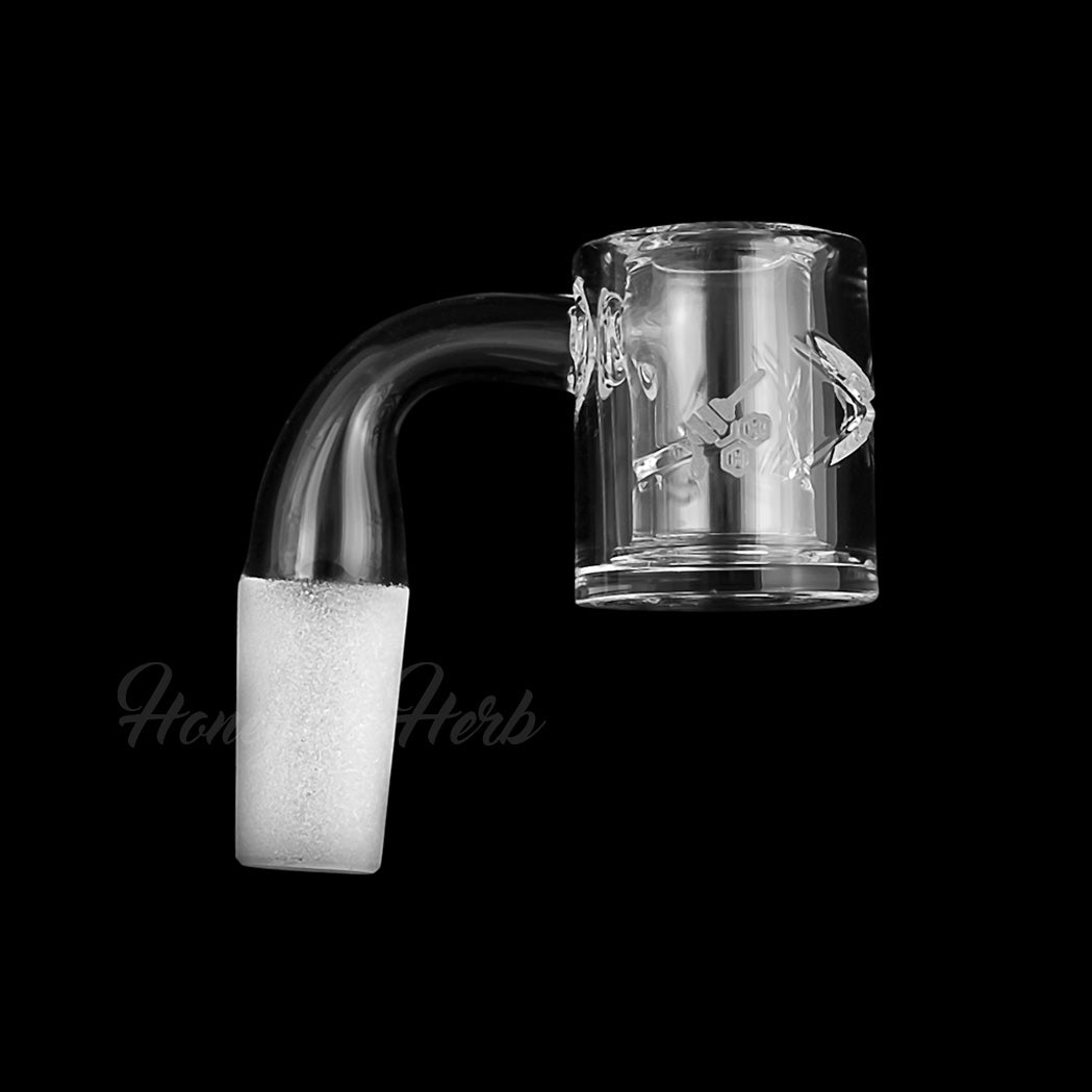 Honeybee Herb Quartz Banger with 90Β° Angle, 14mm Male Joint, Clear, for Dab Rigs - Side View