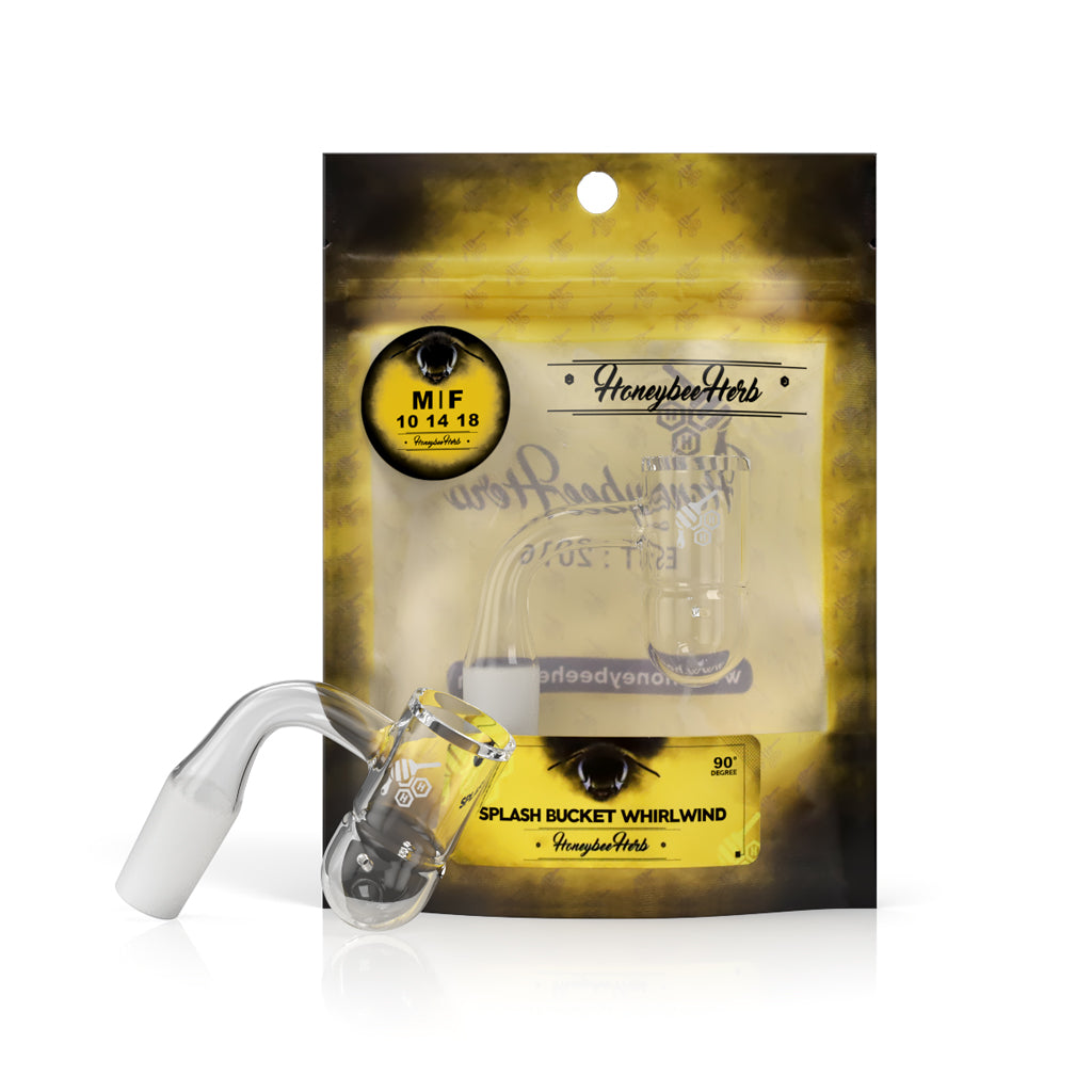 Honeybee Herb Splash Bucket Whirlwind Quartz Banger at 90Β° angle, clear, for dab rigs