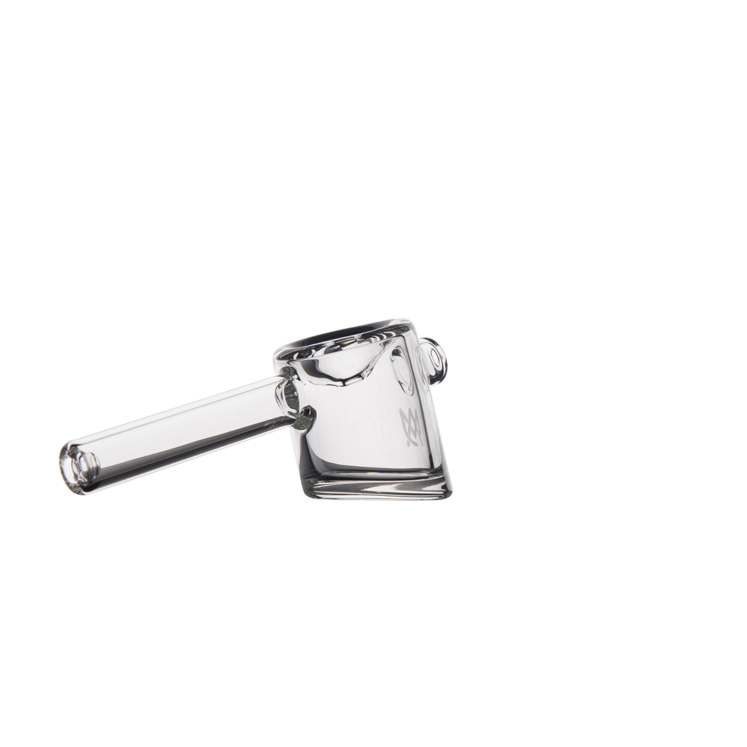 MJ Arsenal Kickstand Hand Pipe with clear glass and logo, side view on white background