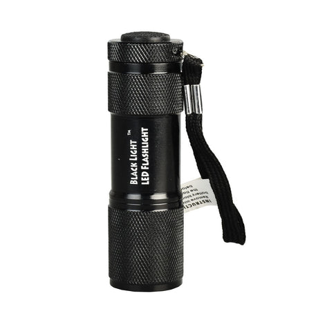 Black Light LED Flashlight with wrist strap, compact and portable design, front view on white background