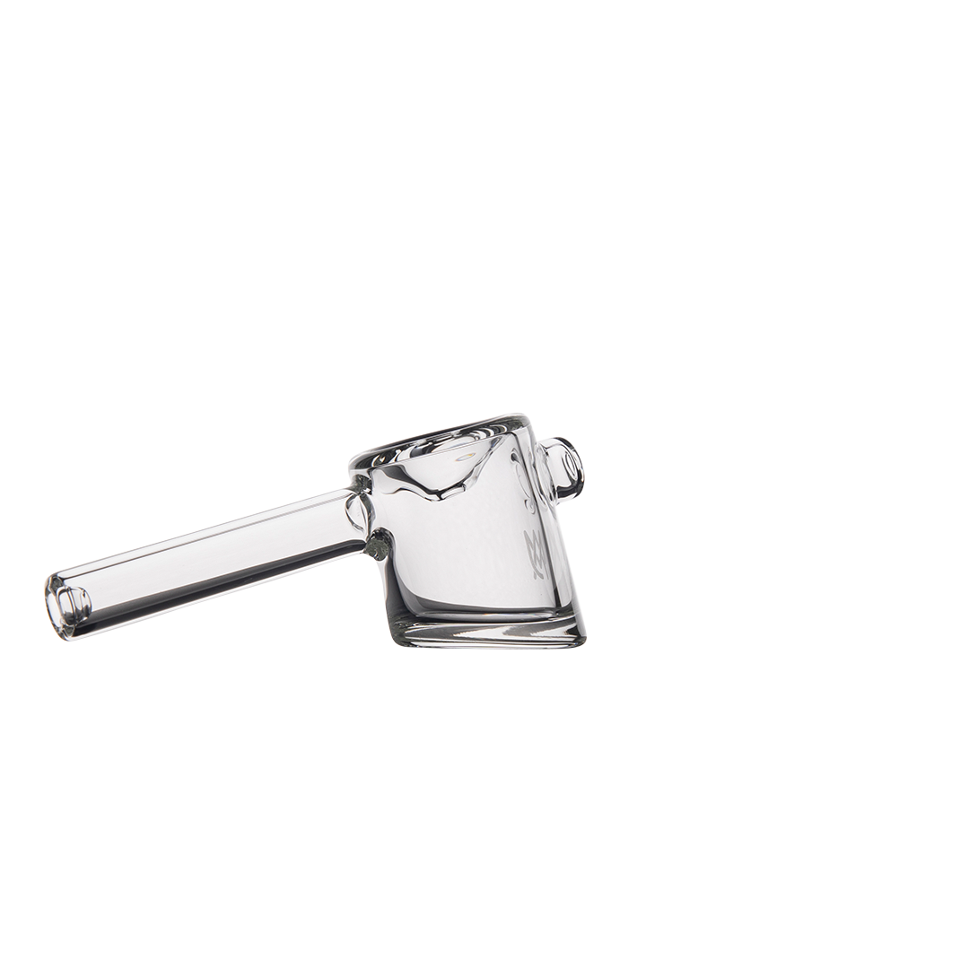 MJ Arsenal Kickstand Hand Pipe with unique lean-back design, clear glass, side view