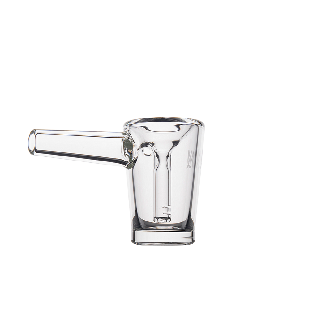 MJ Arsenal Basin Compact Bubbler, 100% Borosilicate, clear glass, side view on white background