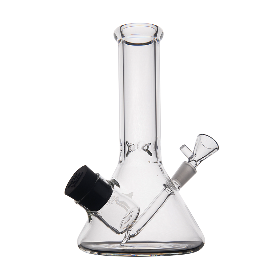 MJ Arsenal Cache Bong in clear borosilicate glass, compact beaker design with 45-degree joint