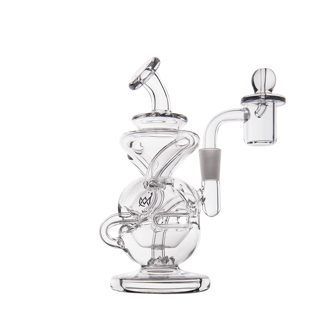 MJ Arsenal Infinity Mini Dab Rig, clear borosilicate glass, 90-degree banger hanger design