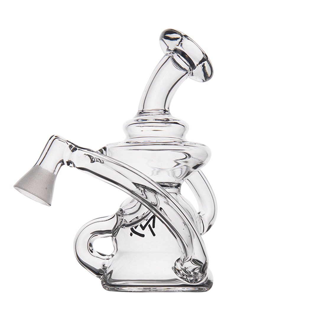 MJ Arsenal Hydra Vape Edition mini dab rig, clear glass, side view with angled mouthpiece