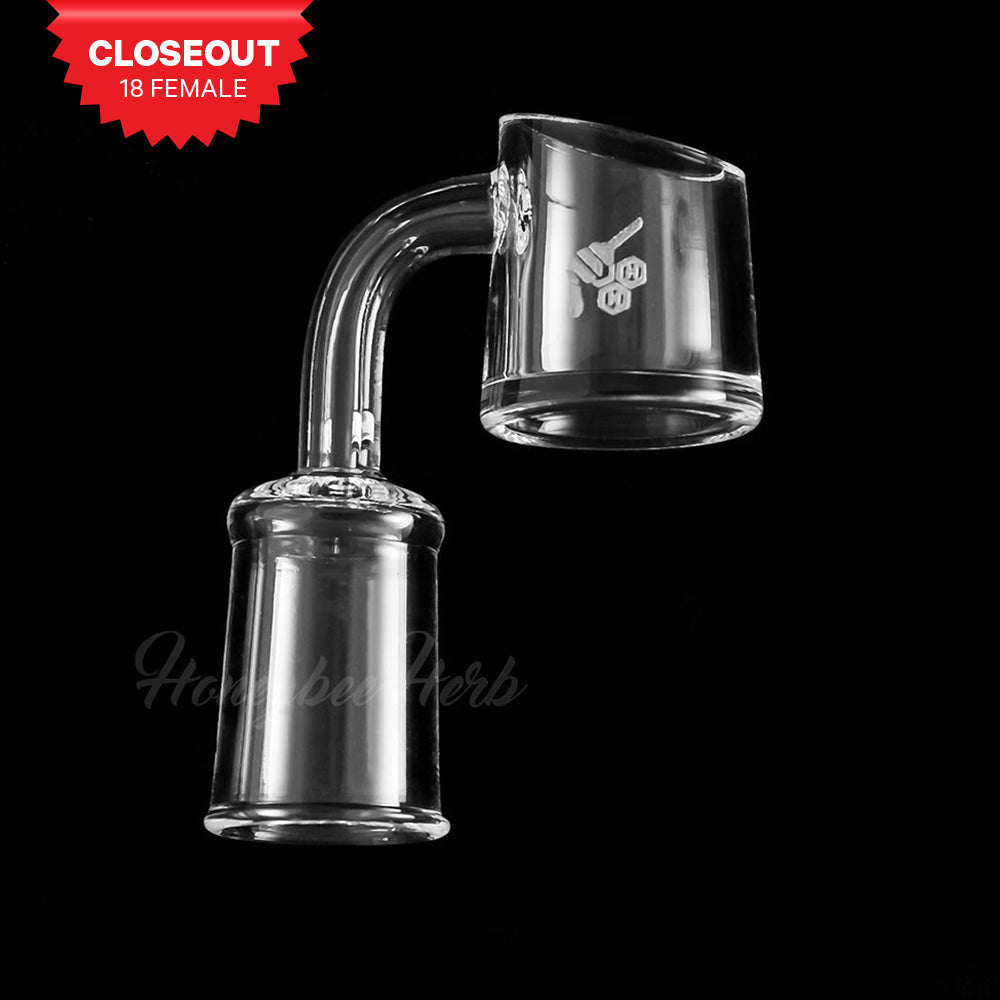Honeybee Herb 18mm Female Fat Bottom Quartz Banger at 90Β° Angle on Black Background