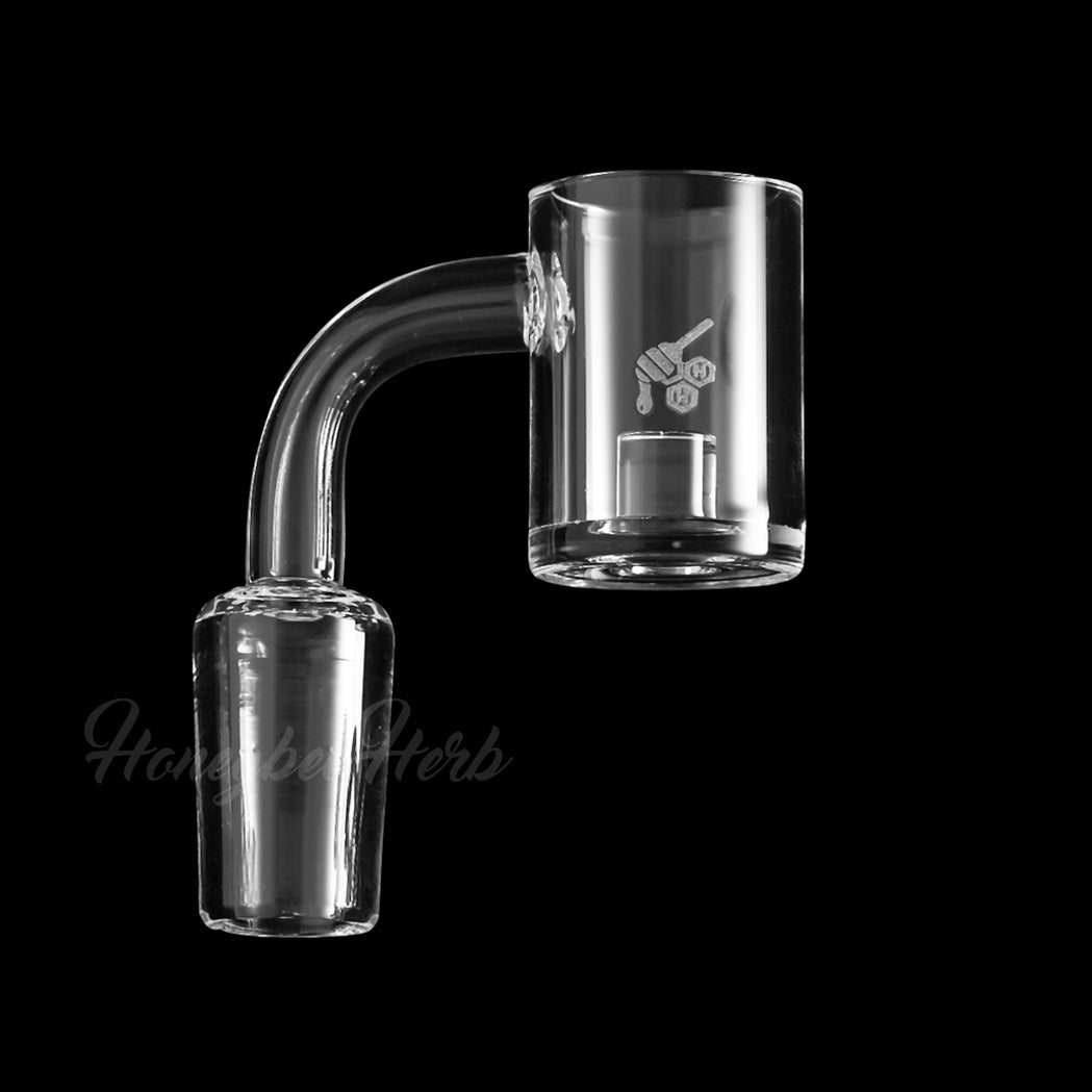 Honeybee Herb CORE REACTOR QUARTZ BANGER at 90Β° angle, 18mm Male joint, clear flat top design, side view.
