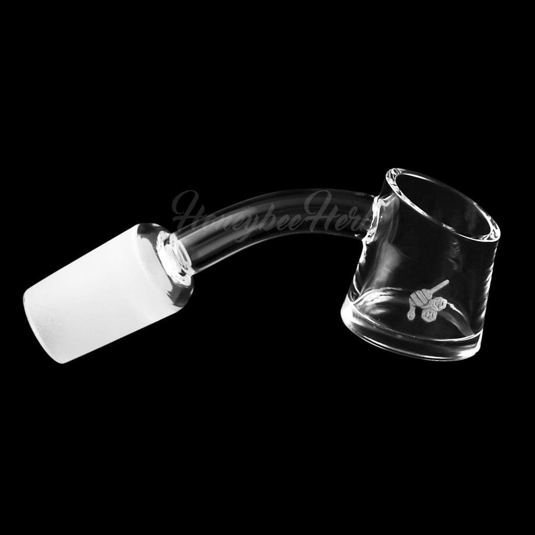 HoneybeeHerb FAT BOTTOM QUARTZ BANGER at 45Β° angle, clear with logo, durable design