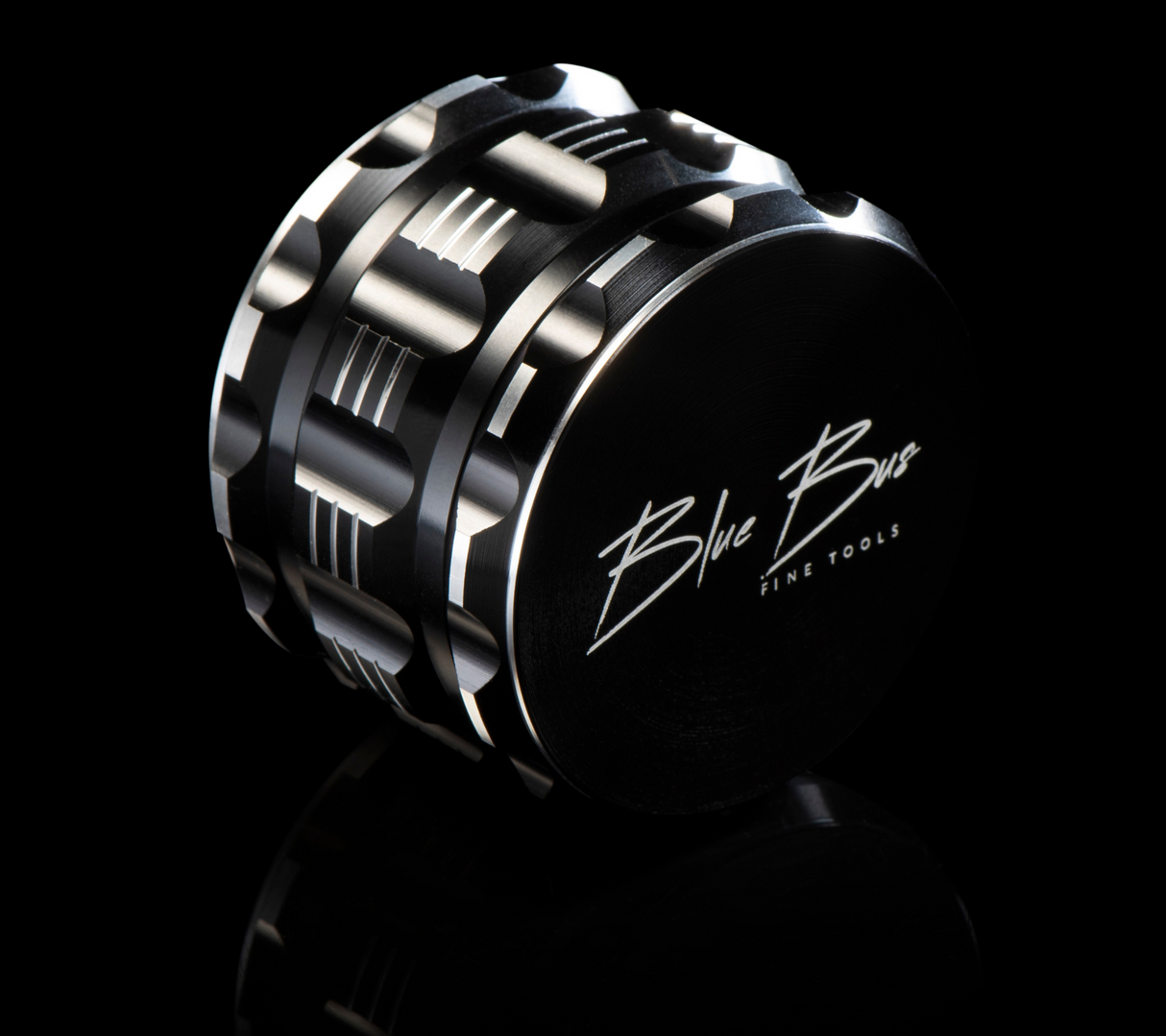 M1 Aluminum 2.5 Inch Black Herb Grinder by Blue Bus Fine Tools - Angled View