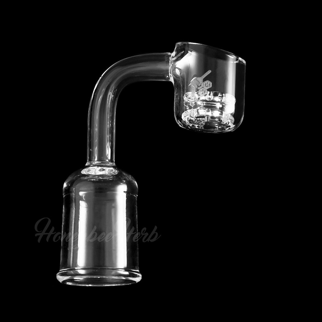 Honeycomb Knot Quartz Banger at 90Β° angle, clear, for dab rigs, with Honeybee Herb logo
