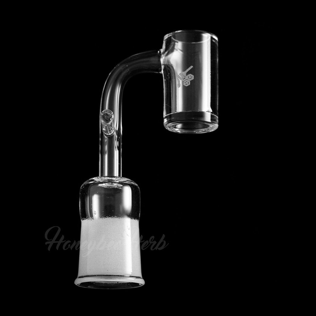 Honeybee Herb ENAIL Original Quartz Banger at 90Β° angle, clear, for dab rigs, side view on black background
