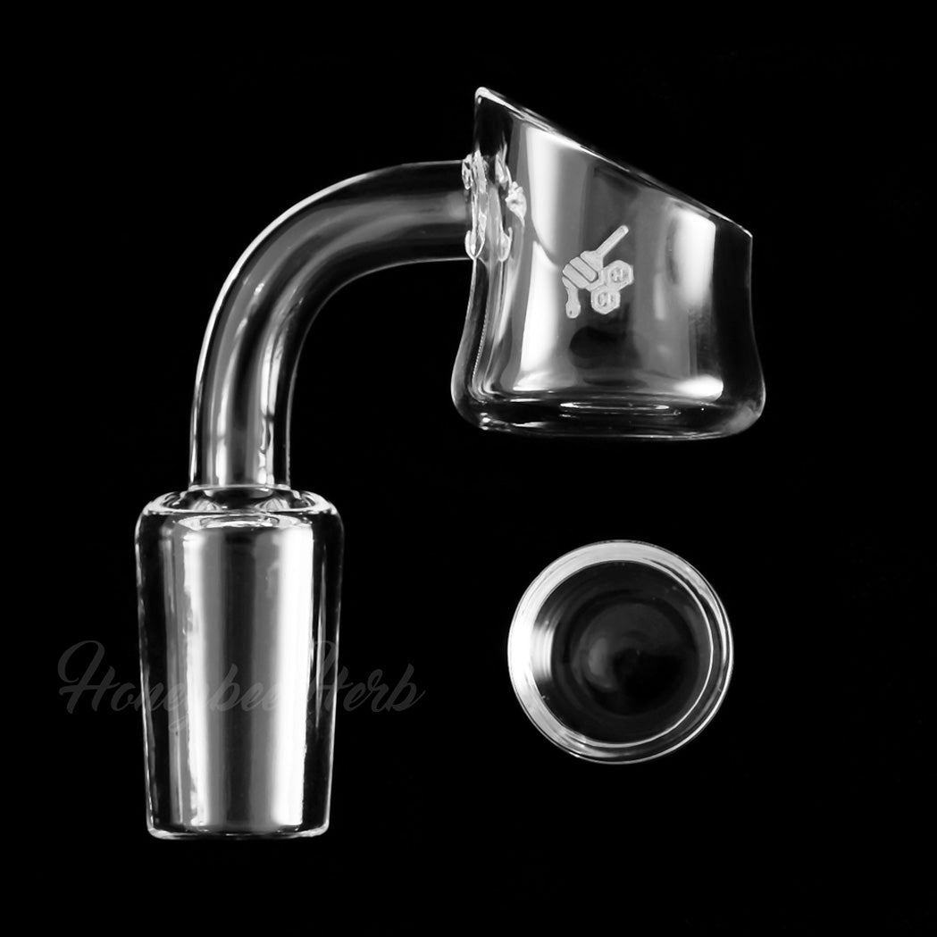 Honeybee Herb Honey Cup Quartz Banger at 90Β° angle, clear, for dab rigs, isolated on black
