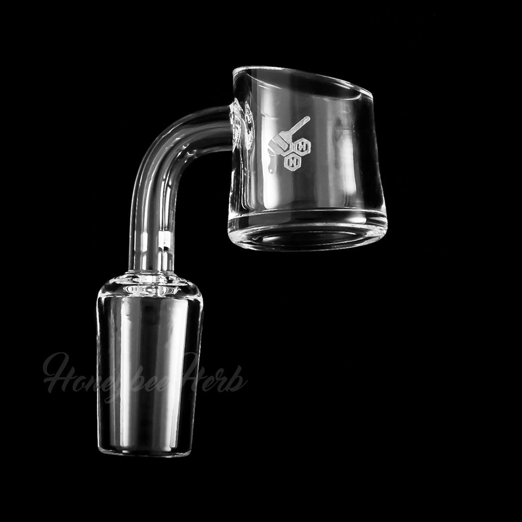 Honeybee Herb FAT BOTTOM QUARTZ BANGER, 90Β° angle, 18mm male joint, clear quartz, side view on black