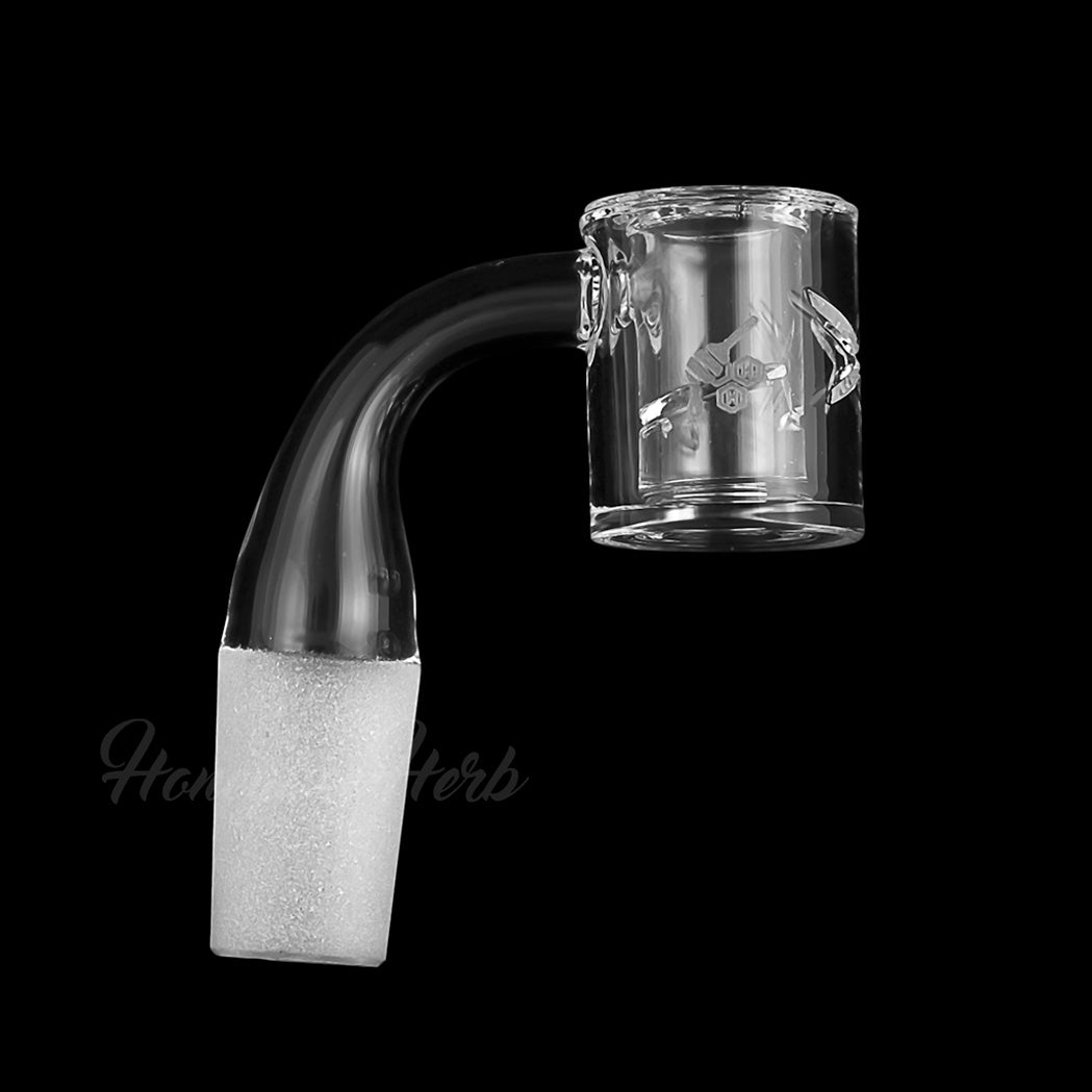 Honeybee Herb Honey Chamber Quartz Banger at a 90Β° angle, 18mm male joint, clear flat top design.