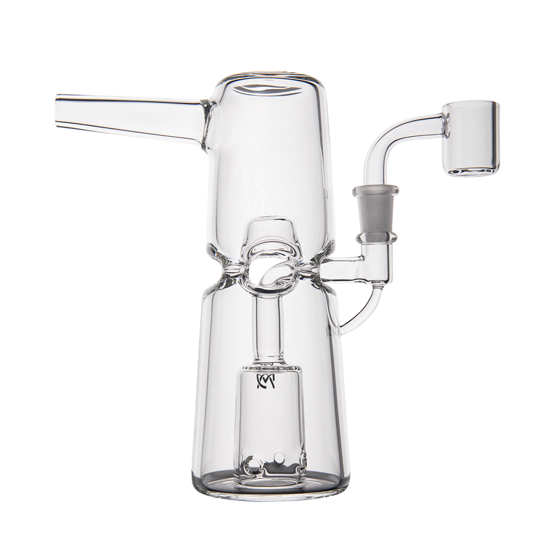 MJ Arsenal Turret Mini Dab Rig with quartz bucket, clear glass, front view on white background