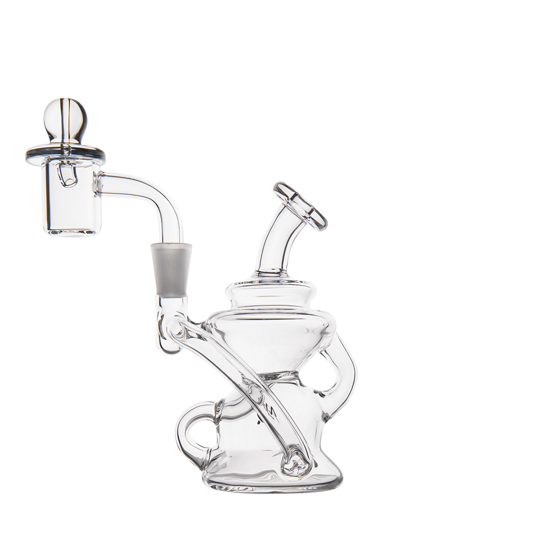 MJ Arsenal Hydra Mini Dab Rig front view, clear borosilicate glass with banger hanger design