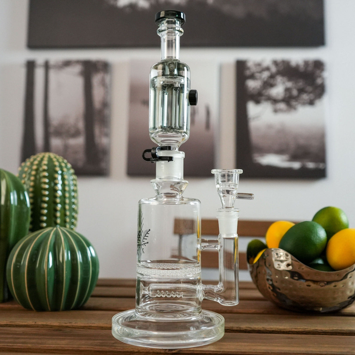 Freeze Pipe Mini Bong with Glycerin Coil for Cool Smoke, displayed on wooden table
