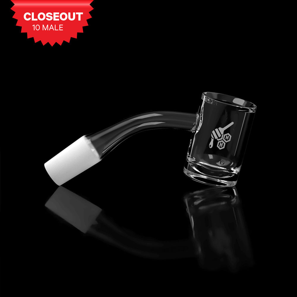 Honey Hybrid Quartz Banger at 45Β° angle, 10mm male joint, clear design on black background