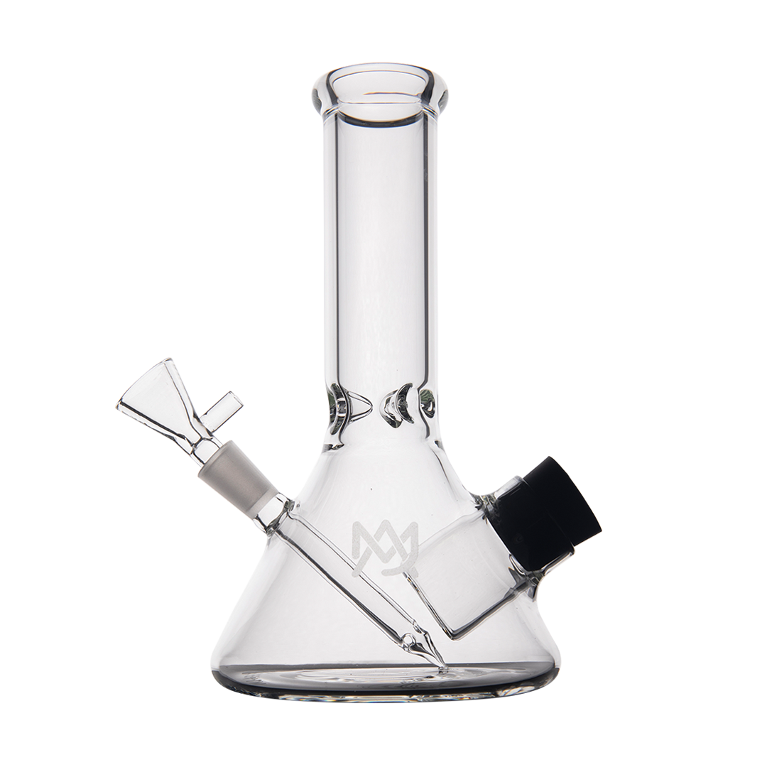 MJ Arsenal Cache Bong in clear borosilicate glass, compact beaker design with 10mm joint