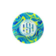 High Society Round Dab Mat - Shaman design with vibrant blue and yellow swirls, top view