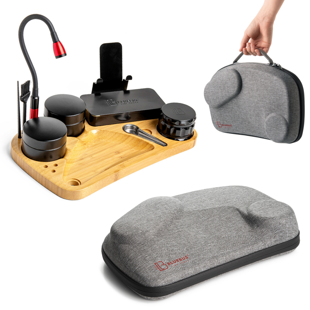 BLAZE Wooden Stash Rolling Tray with accessories and portable smell-proof case