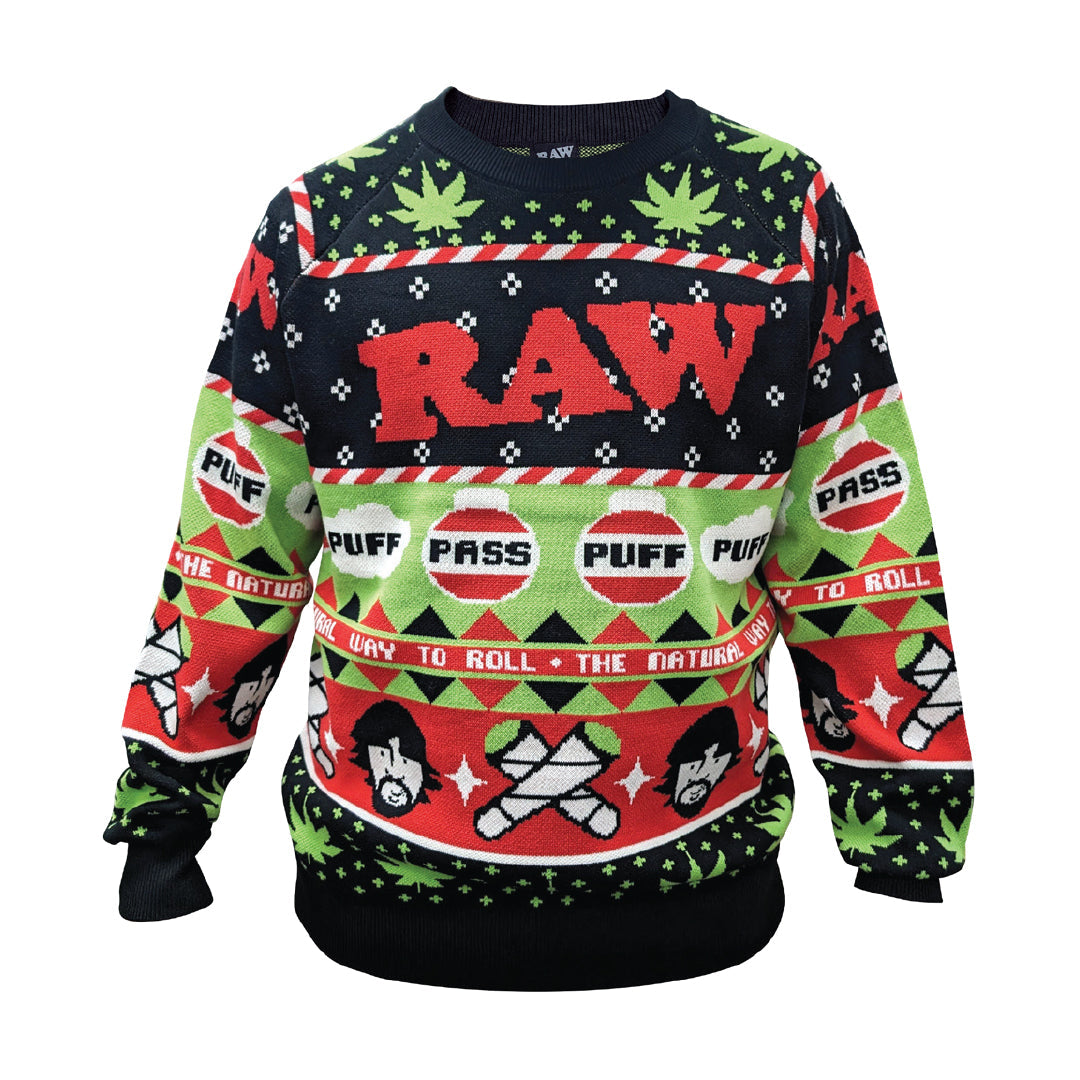 RAW Ugly Christmas Crewneck Sweatshirt with Iconic Logo, Festive Cannabis Leaf Design - Front View