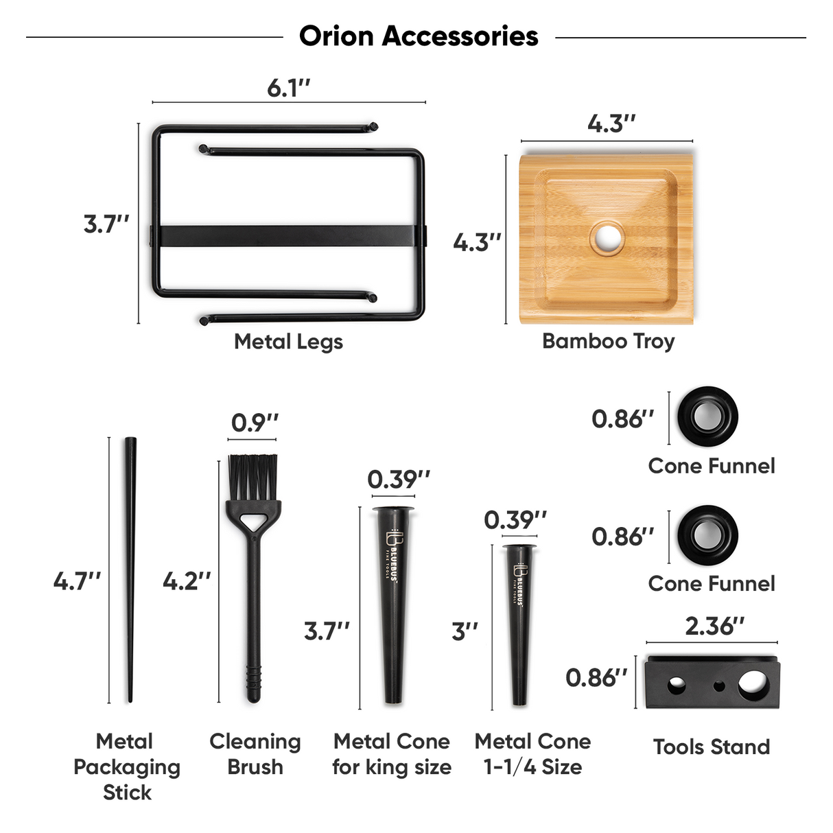 ORION Cone Loader set with bamboo tray and various metal rolling tools on white background